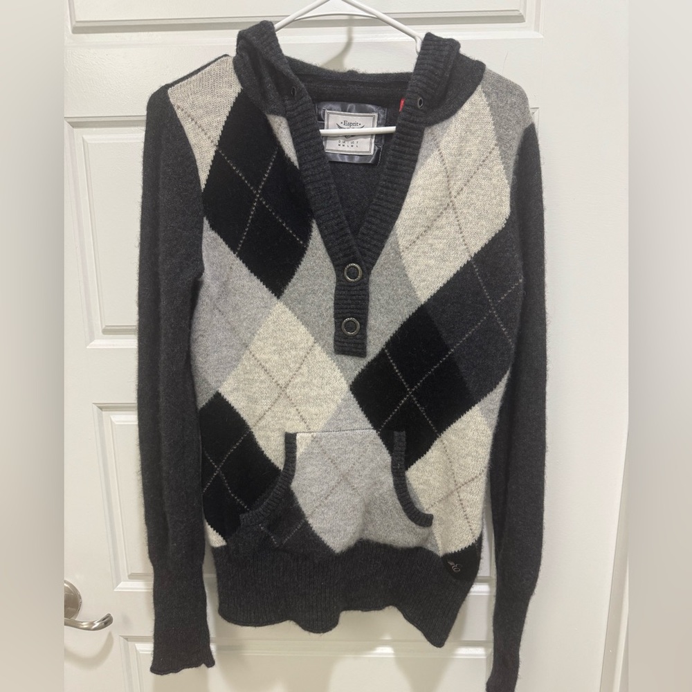 Vintage Esprit Argyle  knit Black Gray White V neck M Preppy Y2K 90s hoodie